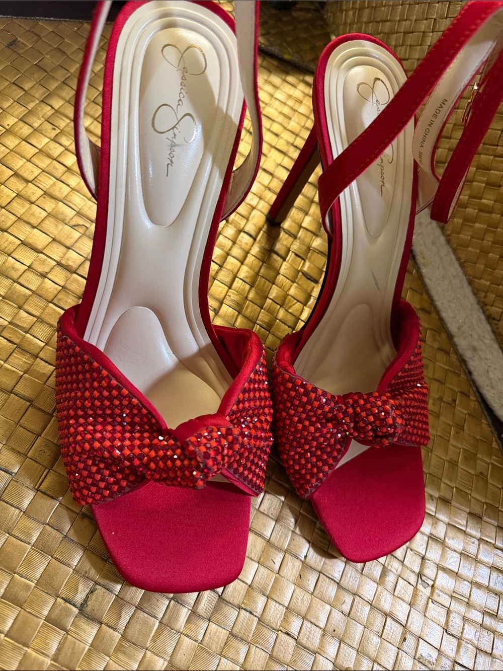 Jessica Simpson Red Satin Knot Embellished Slingback Heels